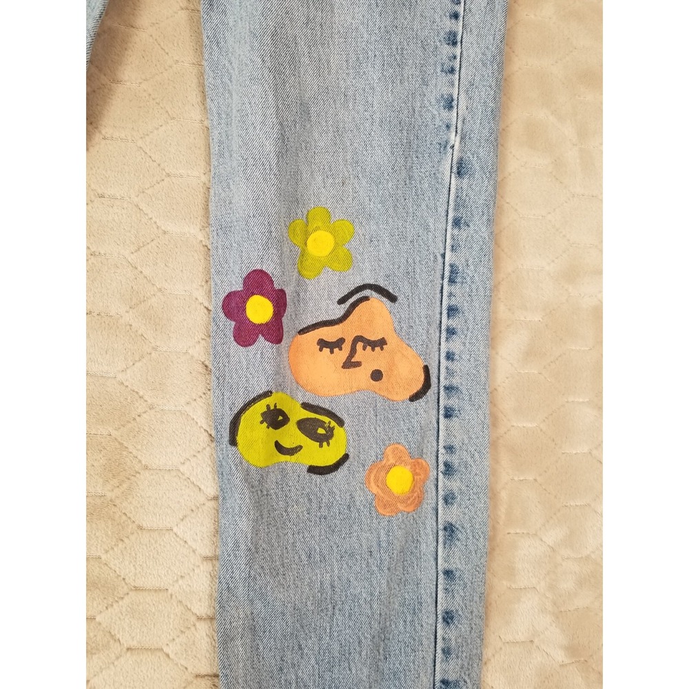 VTG Levis 512 High Rise Slim Tapered Jeans 26x32 USA Custom Painted Floral Faces - Picture 3 of 16